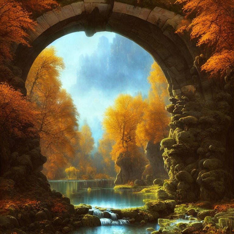 Golden Autumn Trees Under Stone Arch with Waterfall & Misty Castle