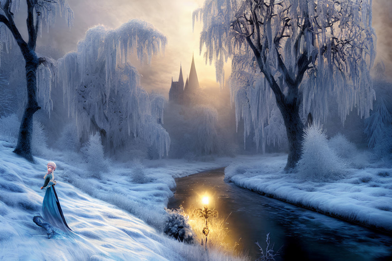 Frozen river, ice-covered trees, and distant castle in wintry scene