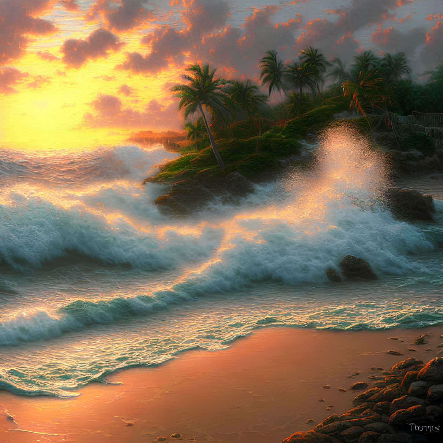 Tropical beach sunset with crashing waves, silhouetted palm trees, and orange sky