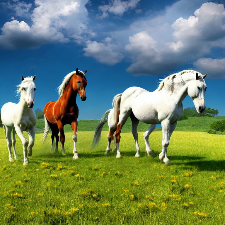 Three Galloping Horses in Vibrant Meadow Landscape