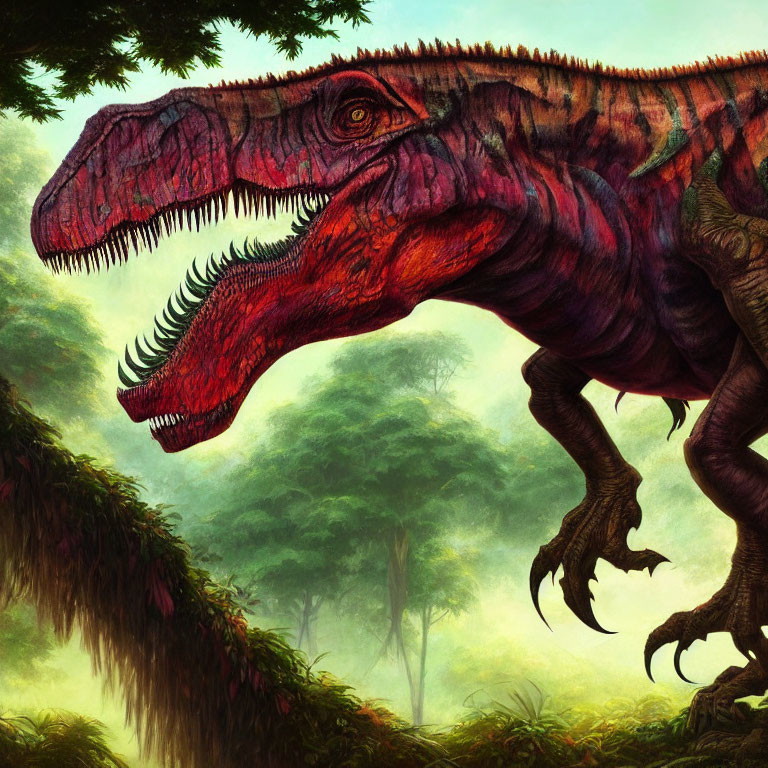 Detailed Illustration of Red and Brown Striped T-Rex in Lush Green Forest