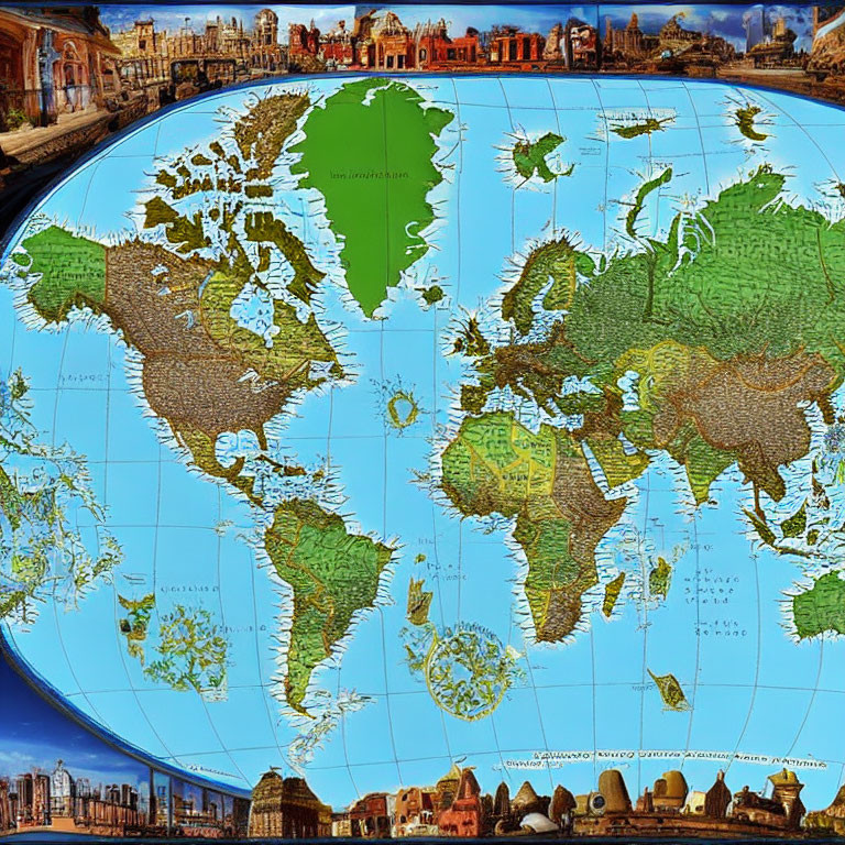 Colorful stylized world map with exaggerated features and iconic landmarks at the bottom