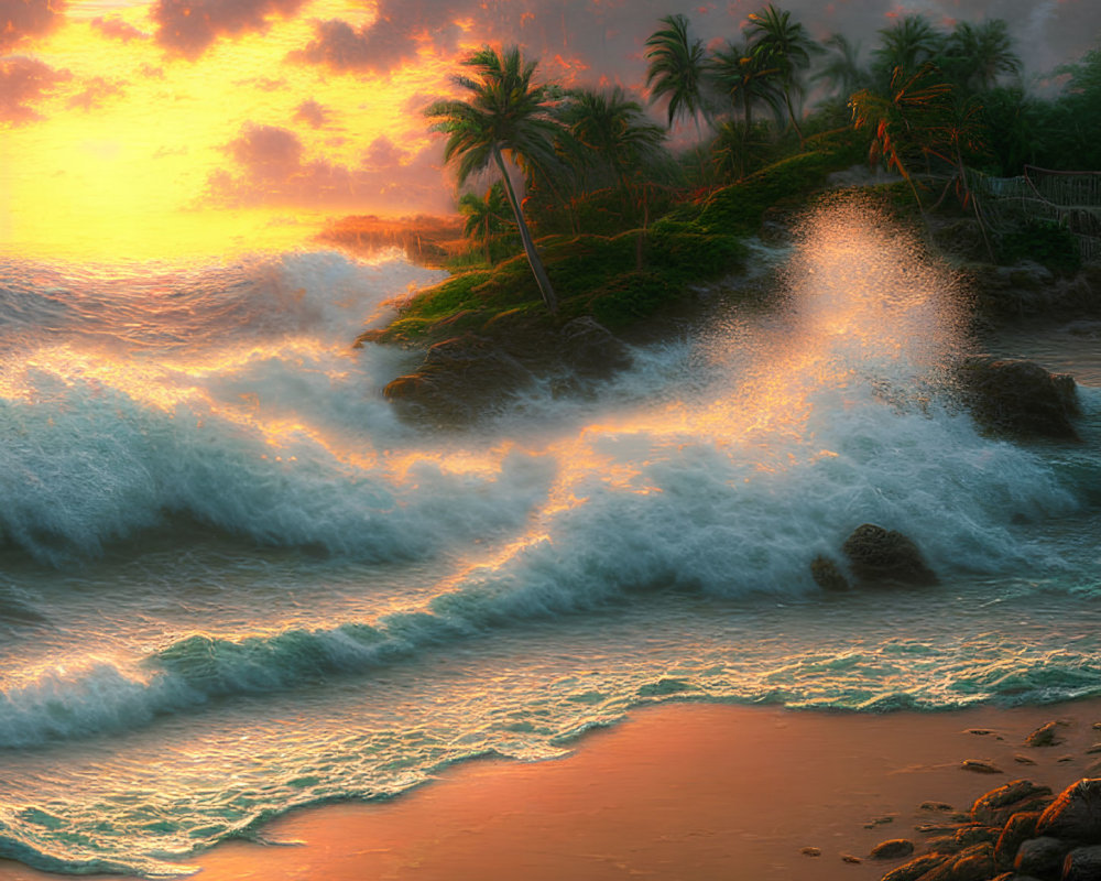 Tropical beach sunset with crashing waves, silhouetted palm trees, and orange sky