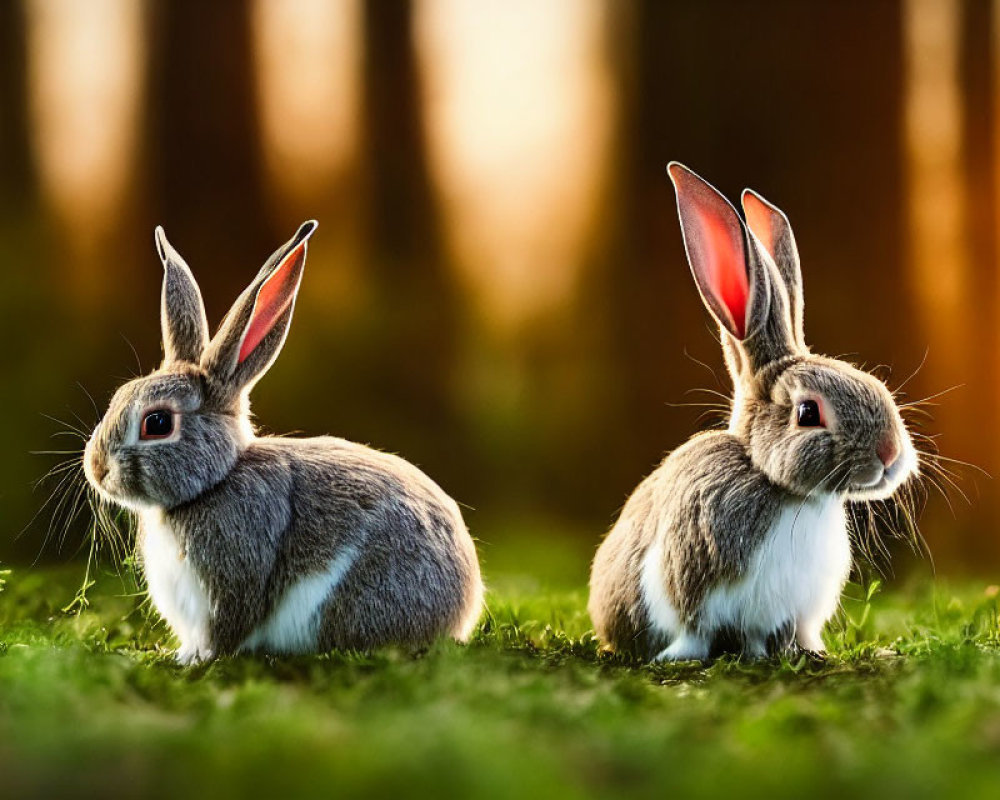 Two rabbits with grey and white fur in grass against sunset-lit forest.