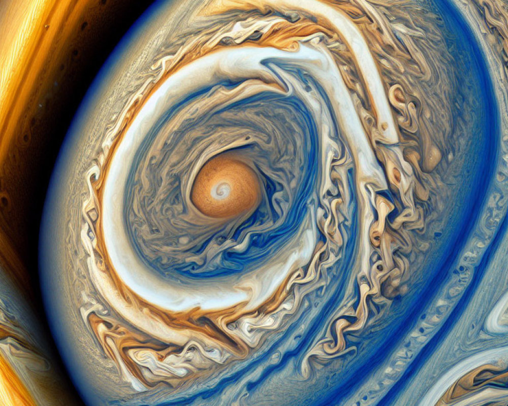 Close-up of Jupiter's cyclonic storm in marbled atmosphere