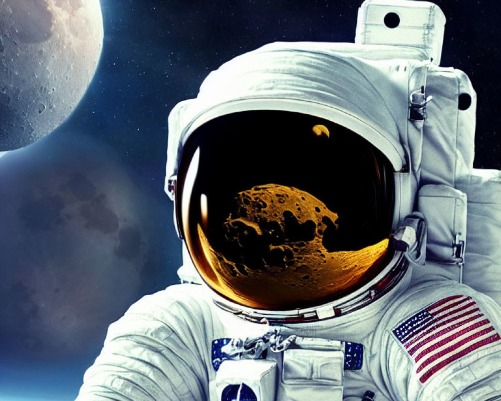 Astronaut in spacesuit with American flag patch, visor reflecting planet, against moon and Earth