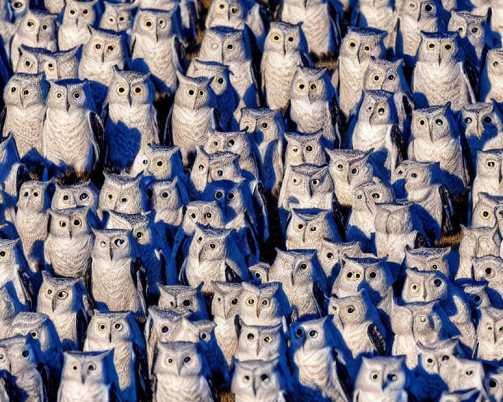 Blue and White Owl Figurines Form Repetitive Pattern