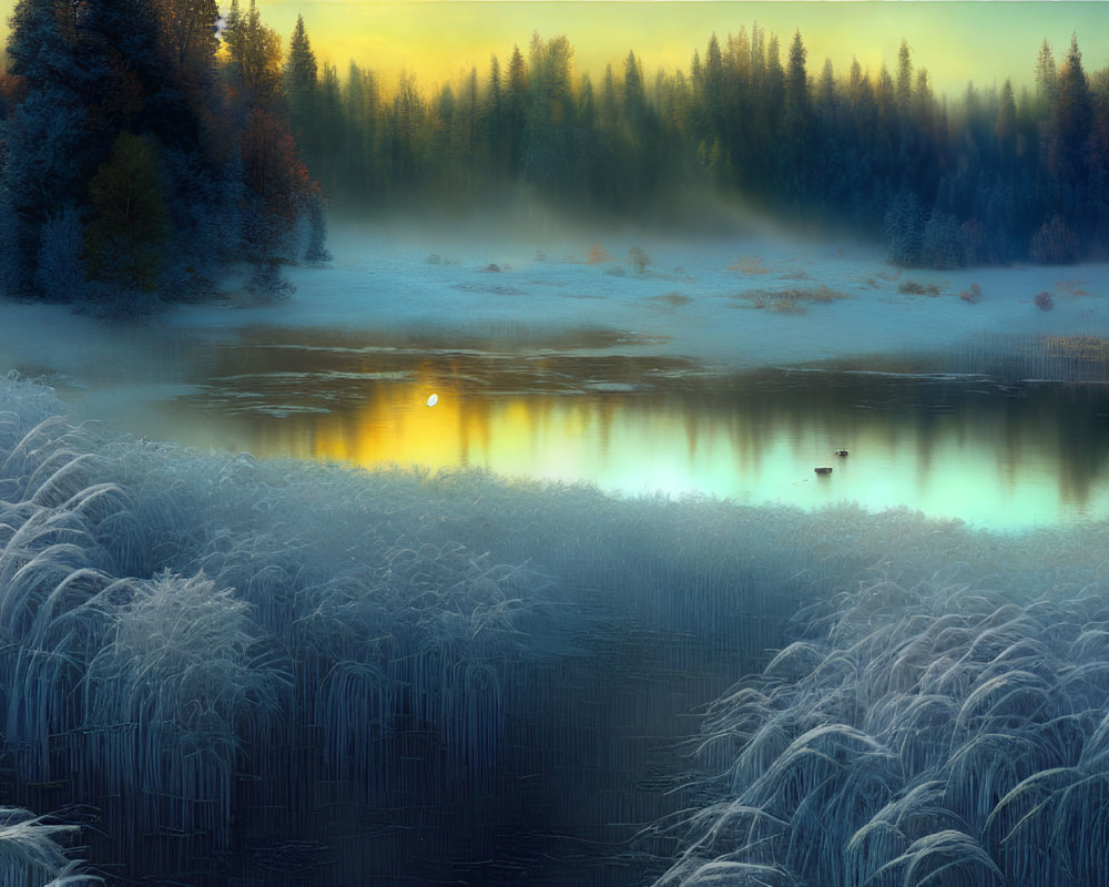 Tranquil sunrise reflected in lake amidst frost-covered landscape