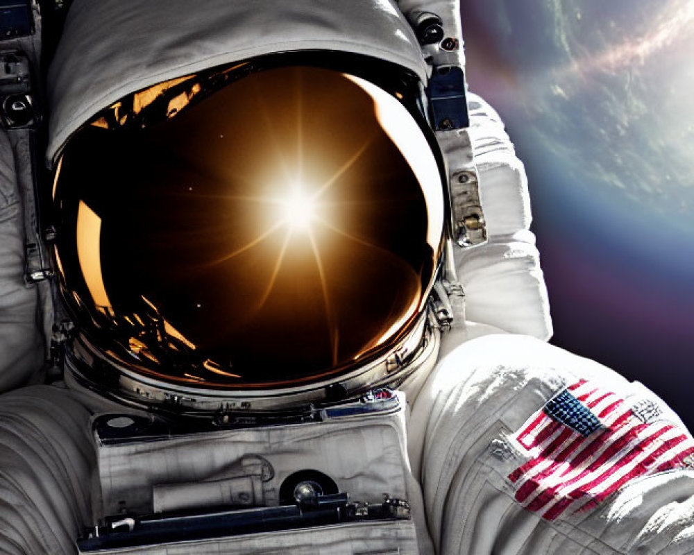 Astronaut in spacesuit with sun reflection, NASA patch, and American flag in space scene