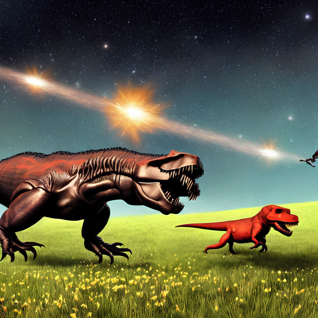 Prehistoric scene with Tyrannosaurus rex and smaller dinosaur under starry sky