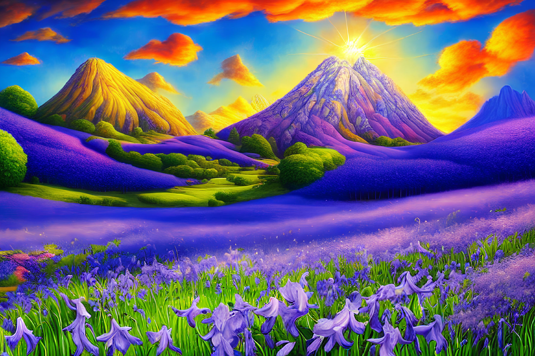 Scenic landscape with purple flowers, green valleys, and sunset mountains