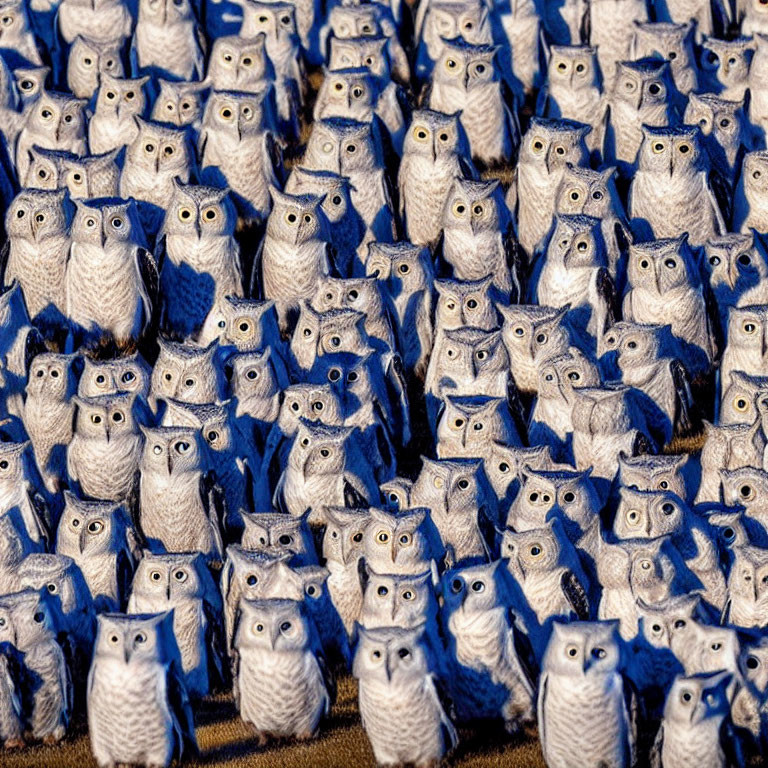 Blue and White Owl Figurines Form Repetitive Pattern