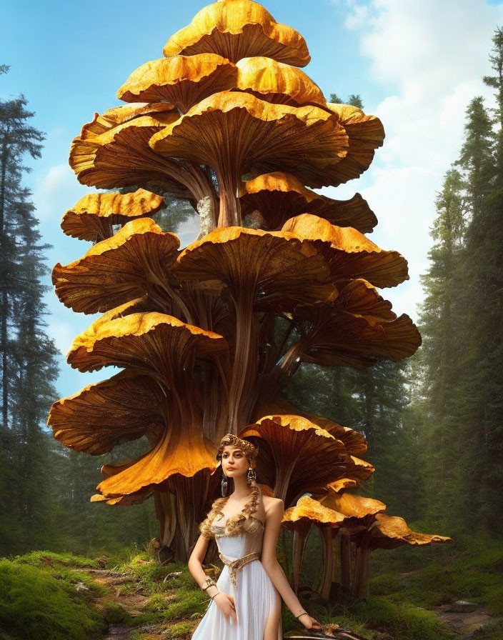 Woman in white dress standing by whimsical mushroom tree in sunlit forest