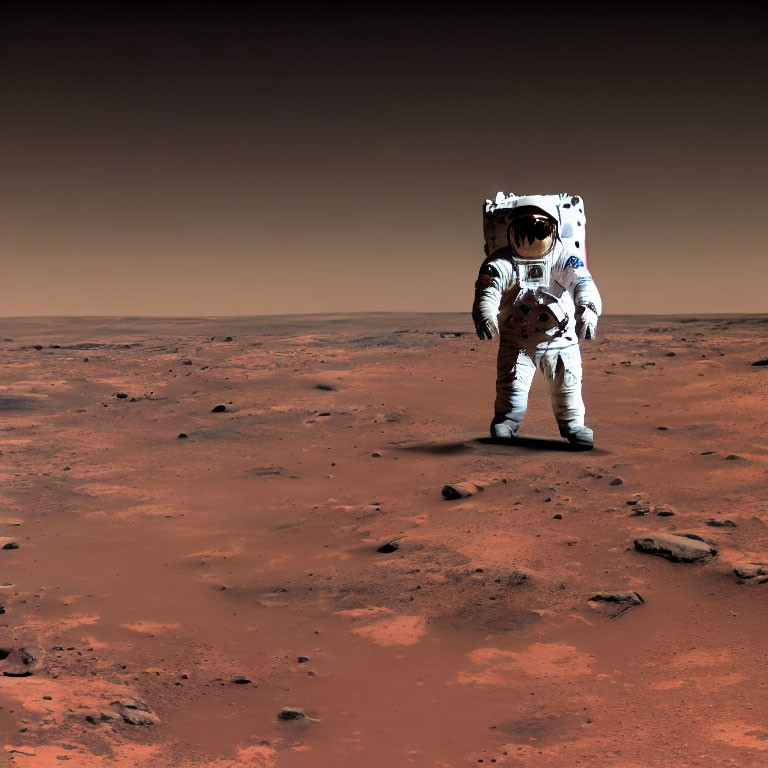 Astronaut in white space suit on rocky, reddish Mars surface