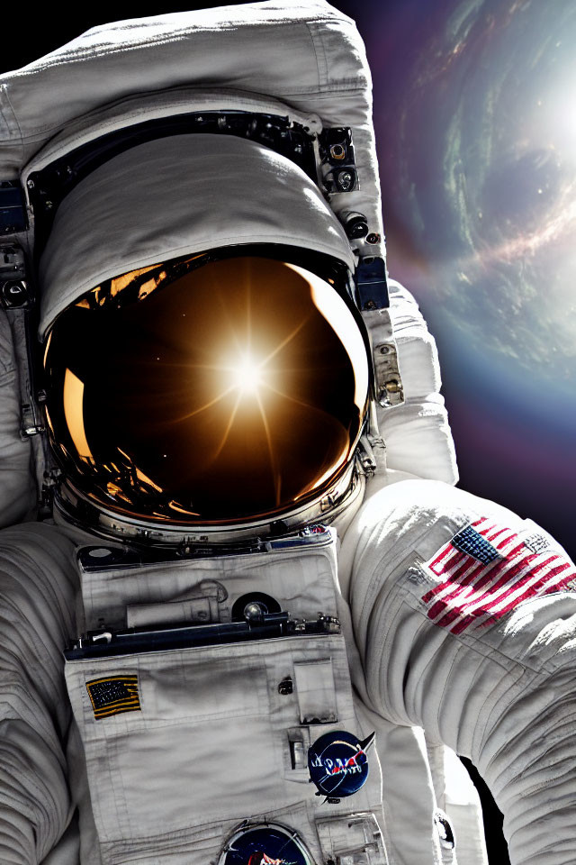 Astronaut in spacesuit with sun reflection, NASA patch, and American flag in space scene