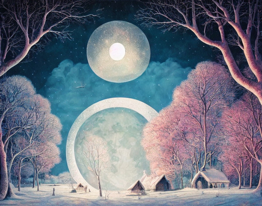 Surreal winter landscape with moon, pink trees, and cottages