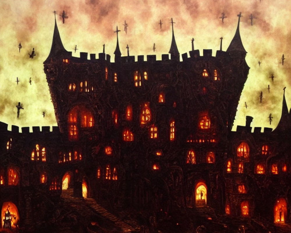 Gothic castle with glowing windows under a sky with crosses and flying creatures