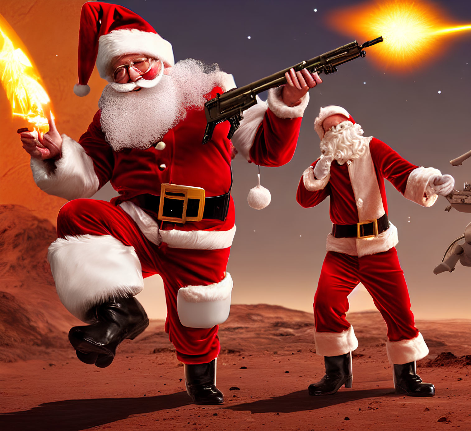 Santa Claus characters in action pose with bazooka and rifle against red sky