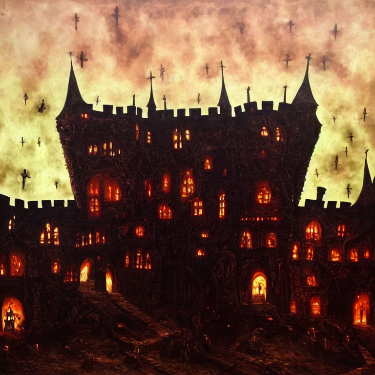 Gothic castle with glowing windows under a sky with crosses and flying creatures