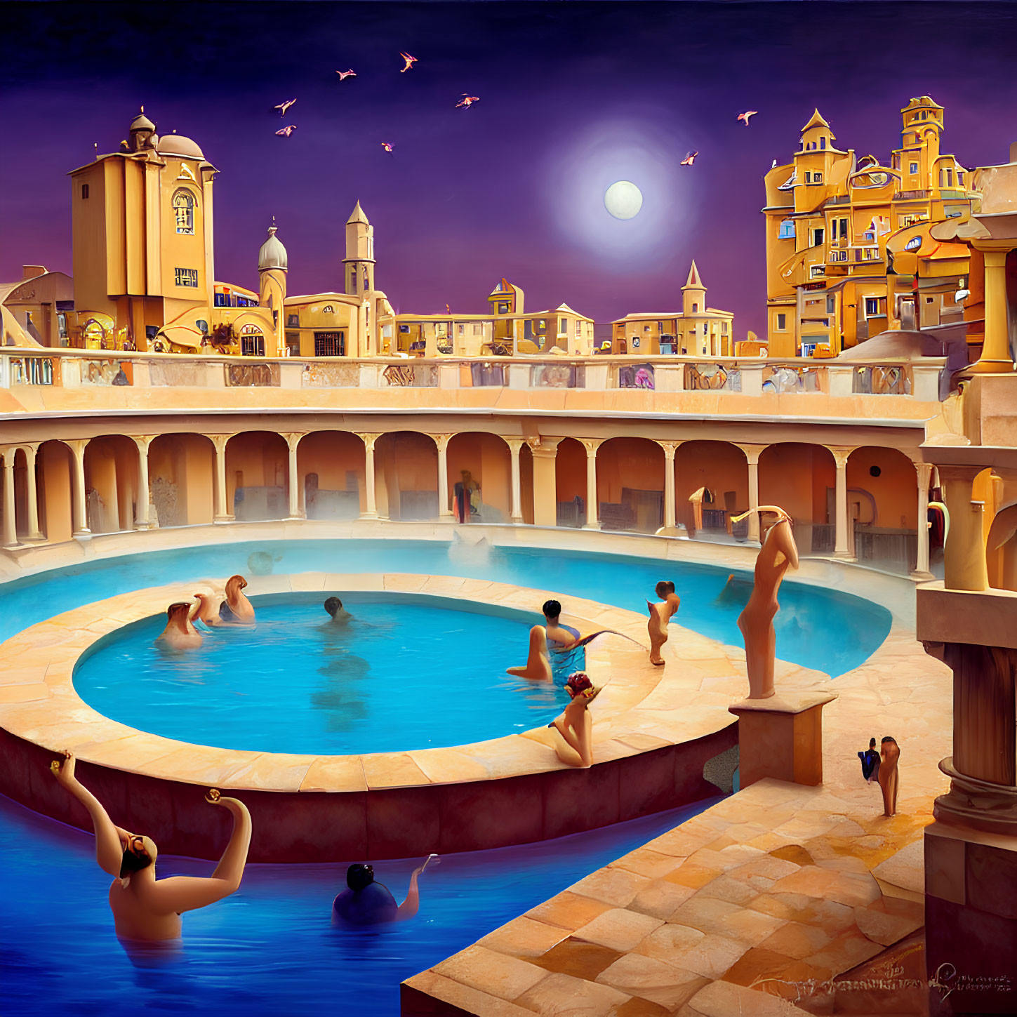 Colorful pool scene in charming town with terracotta buildings, birds, and moon