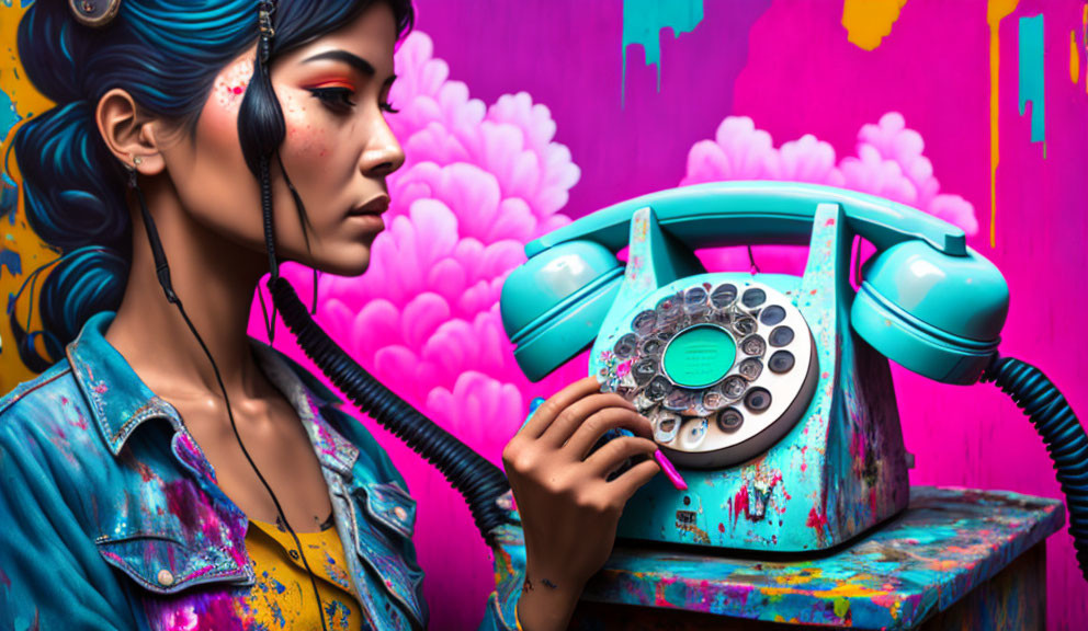Blue-skinned woman with rotary phone on pink backdrop