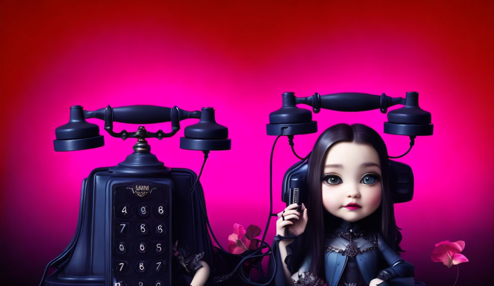 Gothic doll digital art with large eyes and antique telephone on dark red background