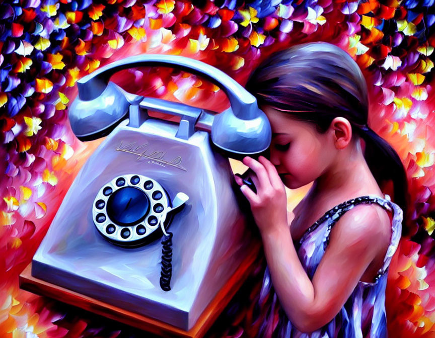 Young girl in patterned dress examining old rotary telephone against floral backdrop