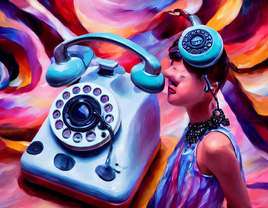 Colorful Stylized Artwork: Person with Vintage Telephone, Abstract Background