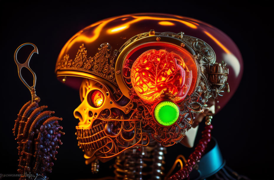 Detailed Steampunk Style Skull with Glowing Brain and Gears