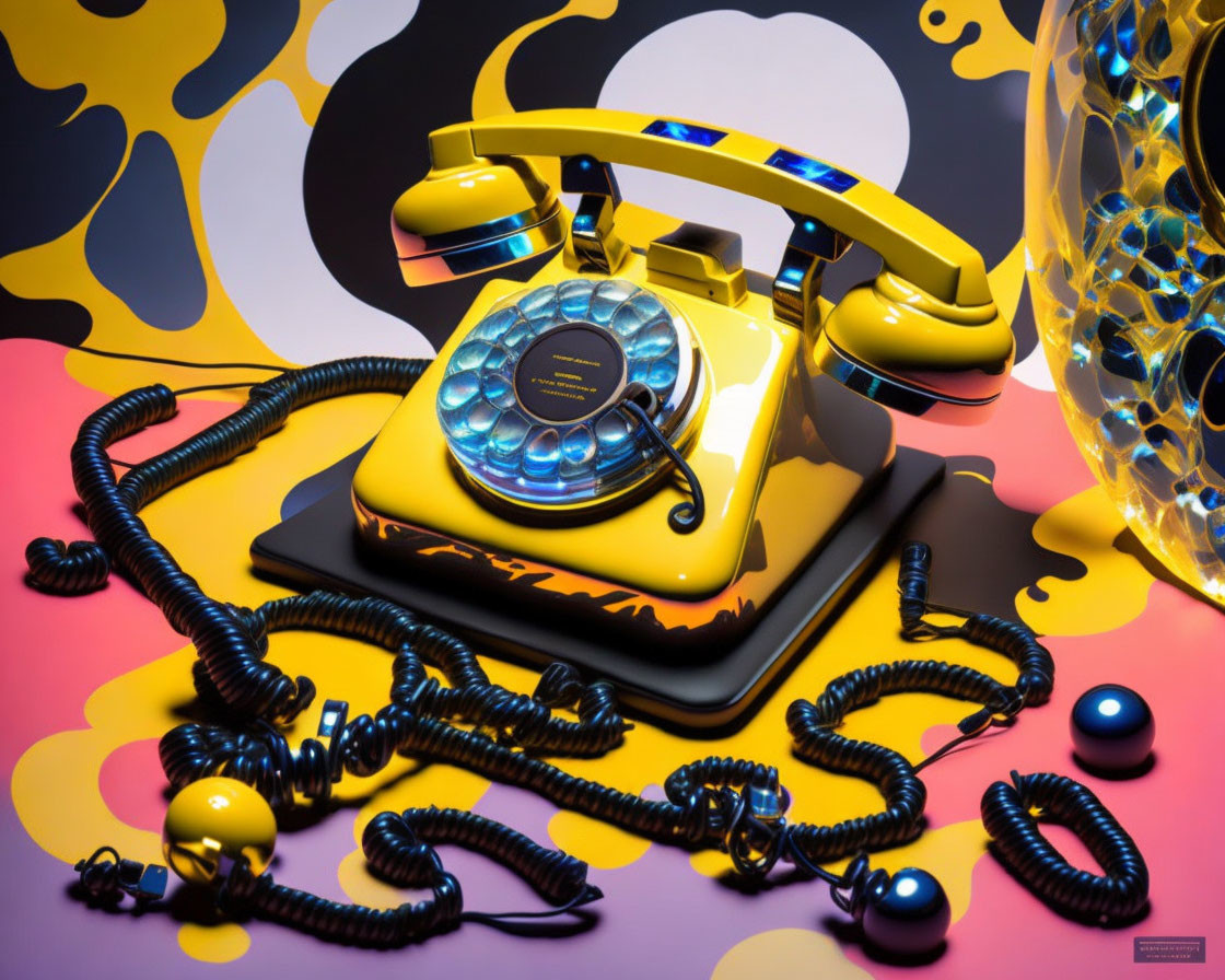 Vintage Yellow Rotary Phone with Tangled Cord and Abstract Yellow & Black Patterns on Pink Surface