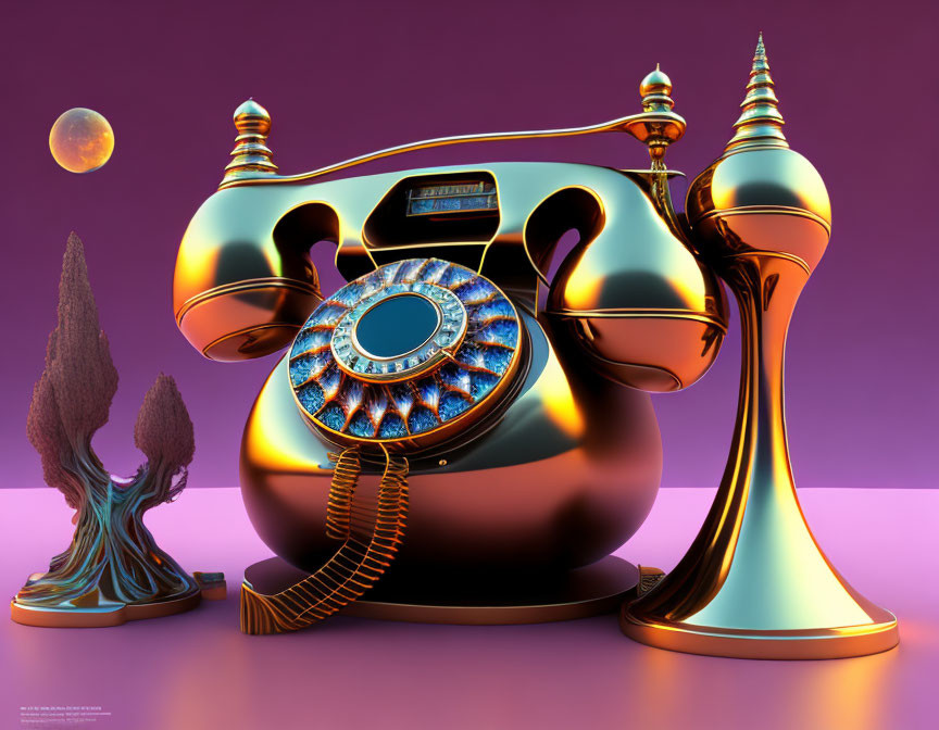 Colorful surreal image with metallic retro-futuristic telephone, stylized tree, cone structure, and