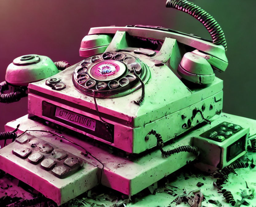 Vintage rotary dial phone with dust and wear, disassembled parts and cables in neon tint