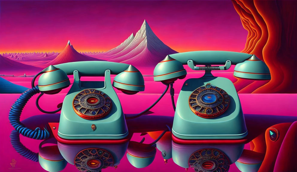 Vintage Turquoise Phones on Surreal Pink & Purple Landscape