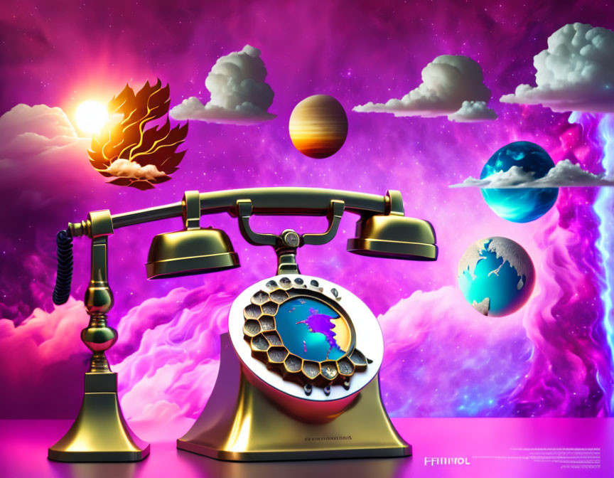 Vintage Telephone with Earth Dialer in Cosmic Backdrop