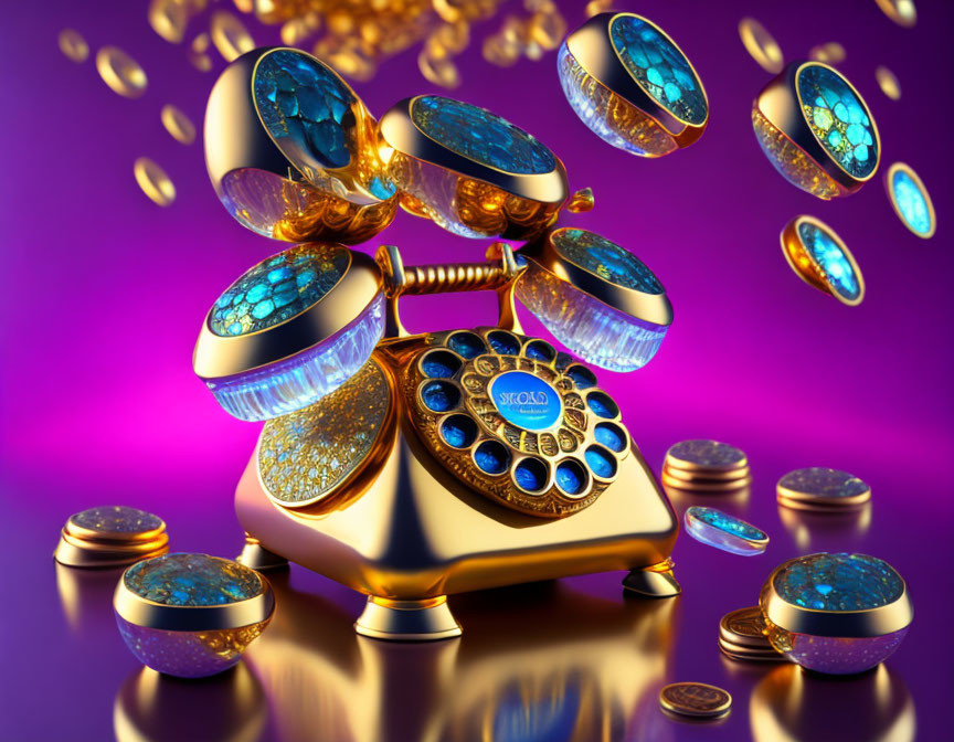 Luxurious Gold and Blue Rotary Phone with Jewels on Purple Background