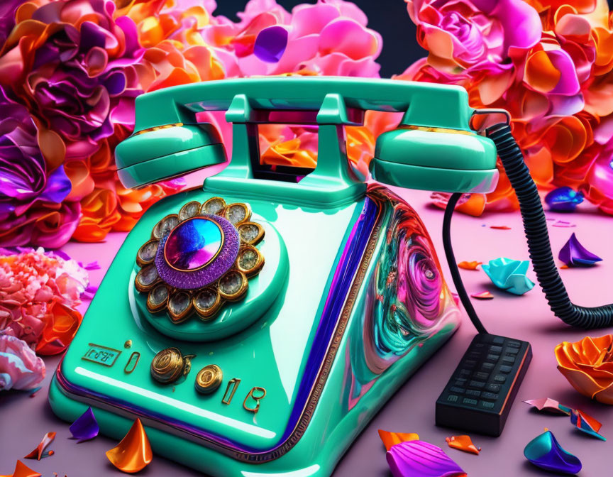 Colorful surreal image: Teal rotary phone with swirling pattern amid oversized flowers and confetti
