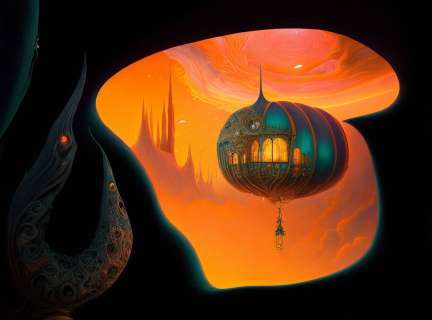 Surreal illustration of ornate airship in vibrant sky