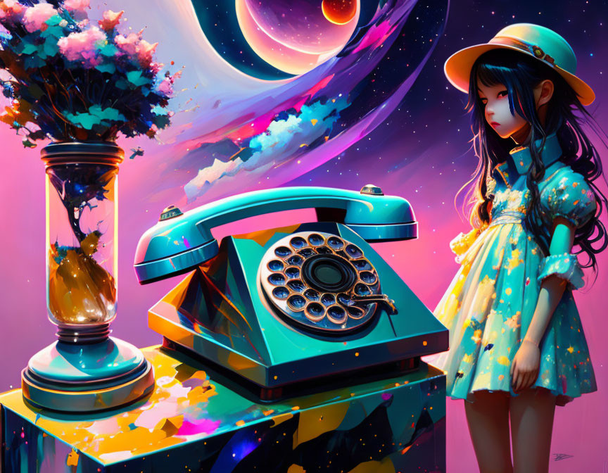 Colorful digital artwork: Girl in yellow dress with retro phone, cosmic background.
