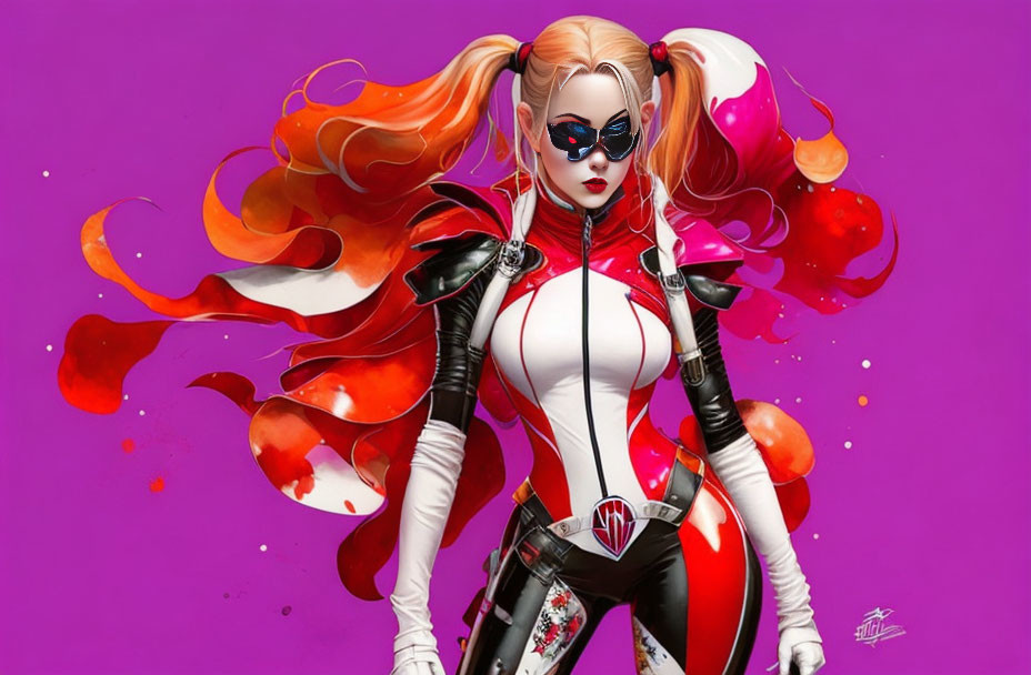 Stylized female superhero with red hair in white and black suit