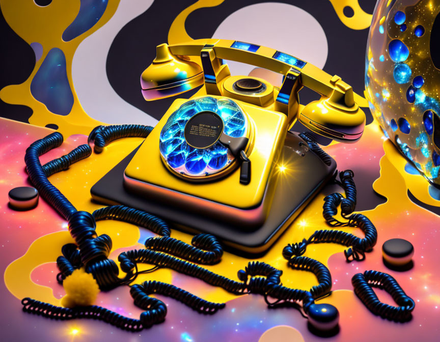 Colorful Surreal Artwork with Golden Retro Telephone and Abstract Shapes
