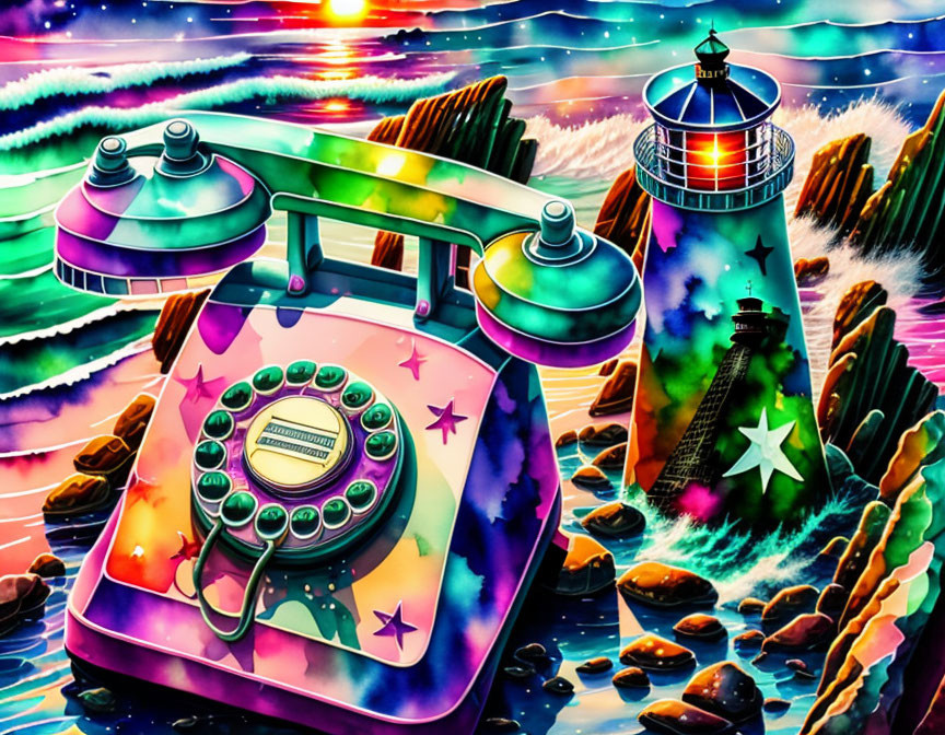 Psychedelic rotary phone illustration with lighthouse, saucers, cosmic ocean
