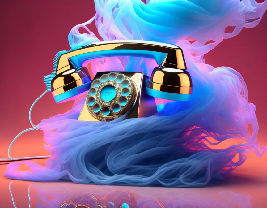 Vintage Rotary Phone Surrounded by Swirling Smoke on Pink Background