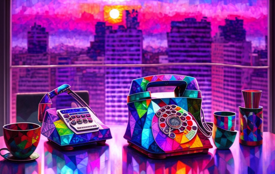 Colorful office desk with retro telephone, calculator, cups, and city skyline at sunset