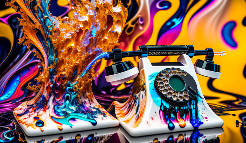 Colorful digital artwork: rotary phone melting into psychedelic backdrop