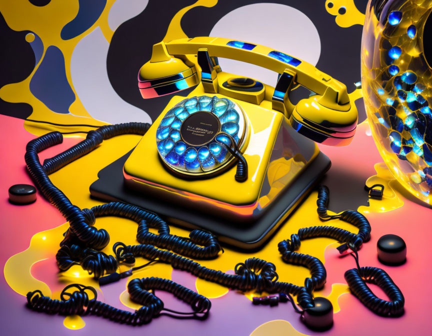 Colorful Retro Yellow Rotary Phone with Blue Lights on Pink Backdrop