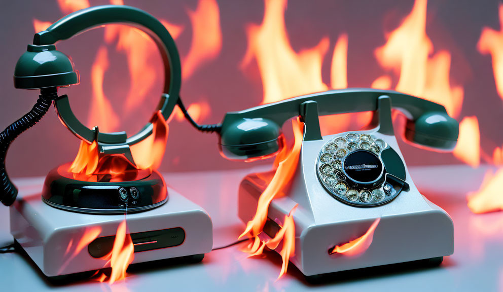 Vintage telephones with flames on reflective surface.