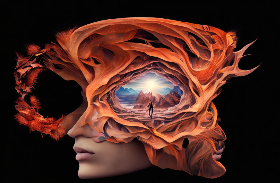 Surreal human profile with landscape and sunrise in mind space