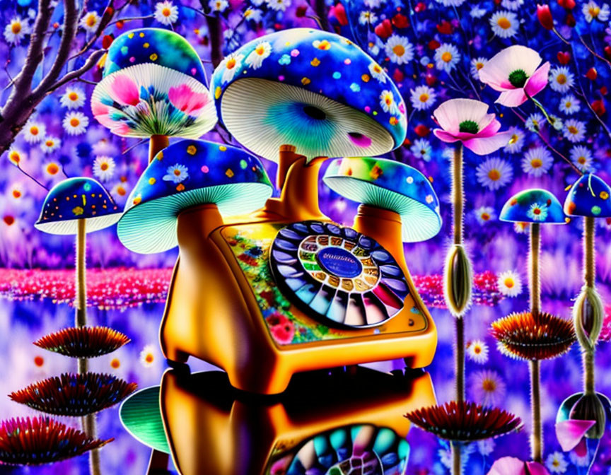 Colorful psychedelic illustration with oversized mushrooms, flowers, and vintage phone on glossy surface