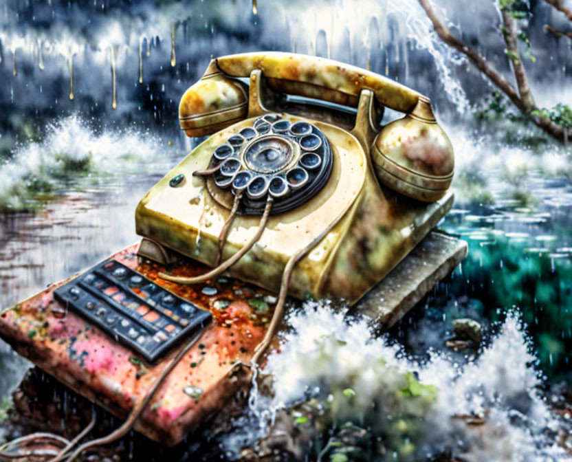 Vintage rotary phone and calculator abandoned in rain on wet surface