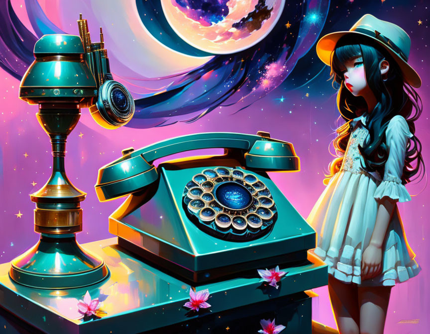 Anime girl with vintage telephone in cosmic setting